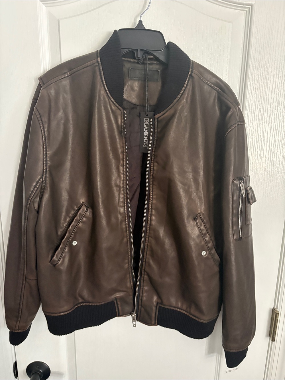 Nordstrom Brown Leather Bomber Jacket with Ribbed Trim
